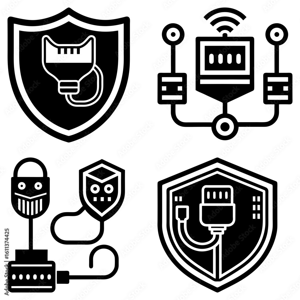 Poster shielded network connections featuring secure data transfer and device protection icons in black and
