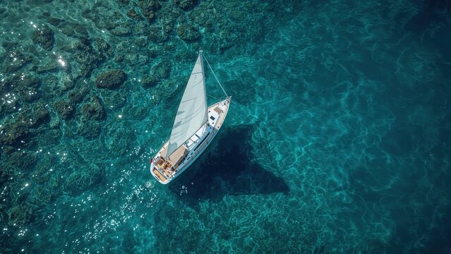 Aerial view of a sailboat navigating crystal clear turquoise waters near a rocky shore