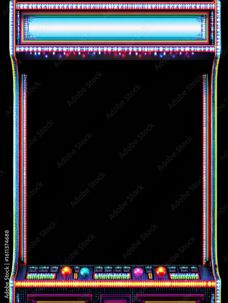 Poster retro arcade frame featuring a blinking pixel border with a clean upper panel and vibrant colors