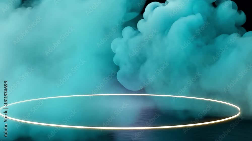 Poster mesmerizing ethereal atmosphere with glowing teal smoke and circular light, creating abstract backgr