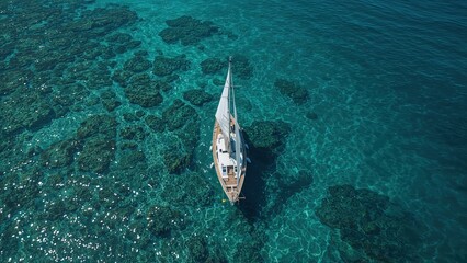 Obraz premium Aerial view of sailboat navigating through pristine turquoise waters and coral reefs