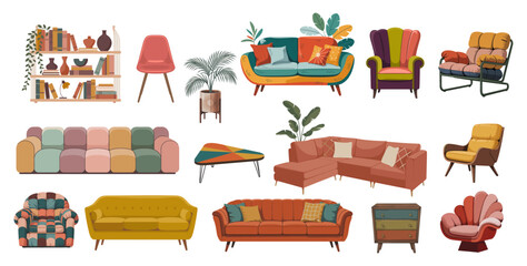 Flat vector illustrations set of colorful mid-century modern furniture including sofas, armchairs, bookshelves, and plants. Stylish interior decor elements isolated on transparent background.