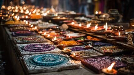 Vibrant Illuminated Streets and Rangoli Designs during Diwali Festival