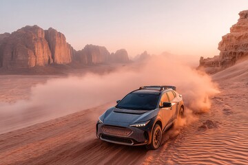 Intricate 4K Cinematic Portrayal of Cutting Edge Vehicle in Desert