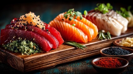 Glistening Seafood Feast with Fresh Tuna and Other Delicacies