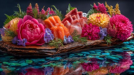 Luxurious Shabu Seafood Feast with Glistening Tuna Slices and Flowers