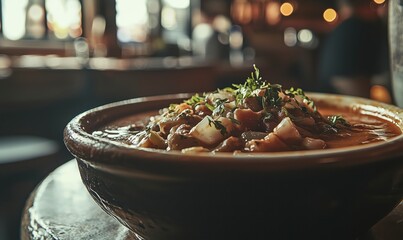Meat ragout with vegetables and herbs served in rustic ceramic bowl, copy space