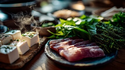 Minimalistic Seafood Arrangement with Fresh Ingredients and Soy Sauce