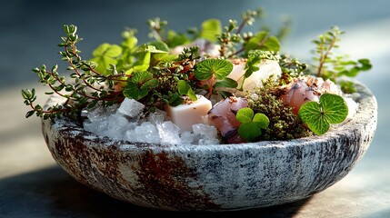 Minimalistic Seafood Arrangement with Fresh Ingredients and Herbs