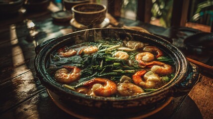 Fresh Seafood Dish with Simple Ingredients Served in Clay Pot