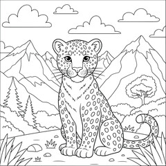 Cartoon Leopard Sitting in Scenic Mountains — Printable Coloring Page for Kids Featuring Wild Animals and Nature