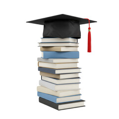 A black academic graduation cap with red tassel perfectly resting on a tall stack of white, beige, and blue books, isolated against a transparent seamless background with bright diffused lighting,