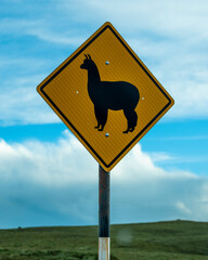 Alpaca crossing road sign in Peru