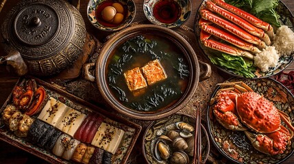Traditional Japanese Shabu Shabu with Vibrant Seafood Display