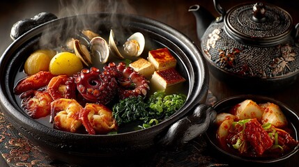 Vibrant Traditional Japanese Shabu-Shabu with Fresh Seafood and Vegetables