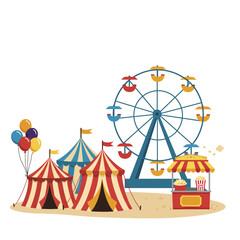 Colorful Carnival Scene with Tents, Ferris Wheel, Balloons, and Popcorn Stand