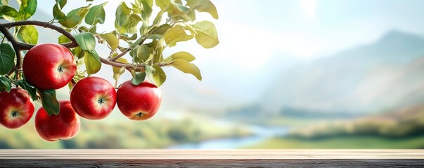 Red apples on tree branch and wooden table in orchard with blue sky