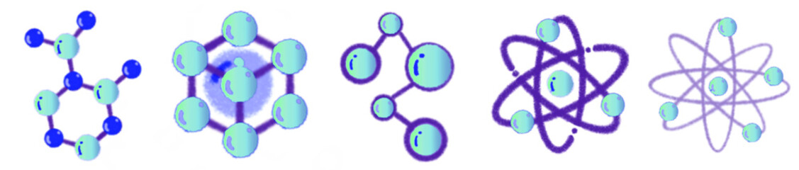 Colorful Hand-Drawn Molecular Science Elements with Gradient Blue-Purple Style – Chemistry Education Clipart Pack