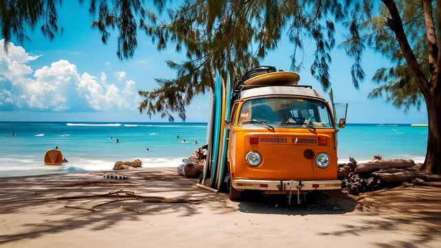 Aerial view of a beach scene with palm trees and turquoise ocean under a clear sky. The main subject is a bright orange van with surfboards on top, parked on a sandy beach.