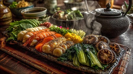 Intricate Vibrant Seafood Platter with Fresh Ingredients and Steam