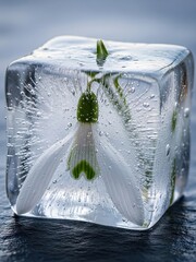 Delicate snowdrop in clear ice block, bubbles, crystalline structures, dark stone, diffused winter light.