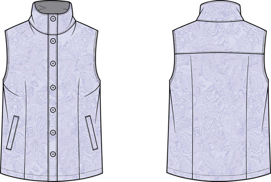 Sleeveless vest mockup with high collar and paisley texture—front and back view technical template for tailored outerwear and fashion design projects