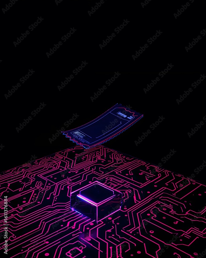 Poster digital circuit board with glowing microchip and floating ticket stub, with copy space
