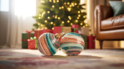 A close-up photograph of two colorful Christmas ornaments in the foreground, with a blurred Christmas tree and living room in the background
