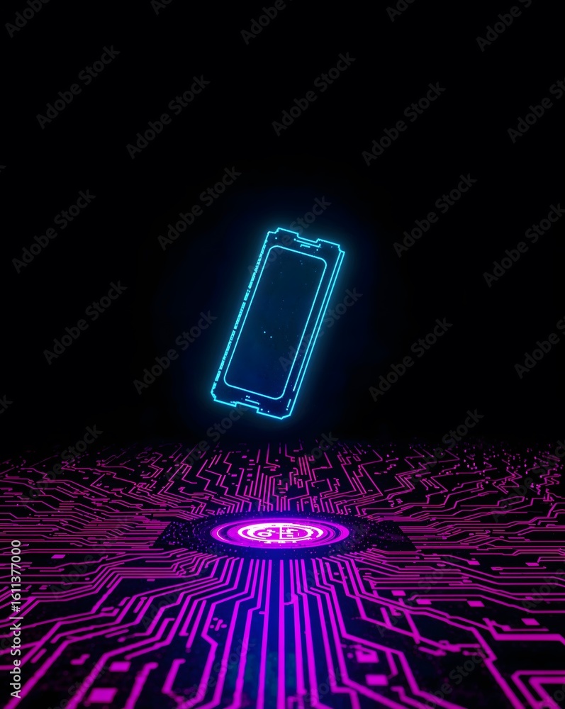 Poster floating torn movie ticket stub with glowing circuit design in neon colors