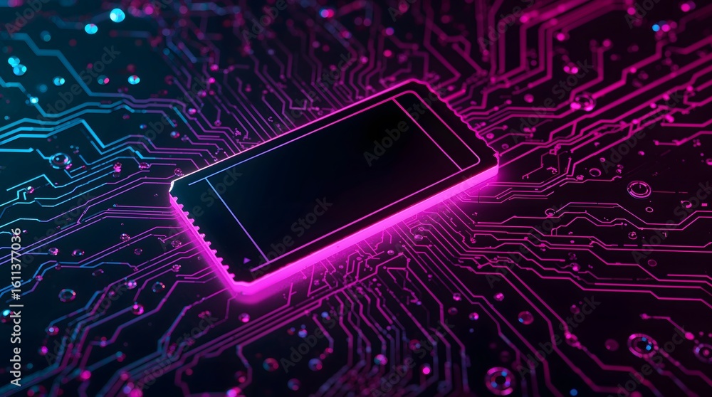 Poster torn movie ticket stub on abstract circuit board design with neon colors