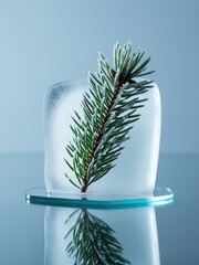Tiny evergreen branch with frost in semi-opaque ice, minimal lighting, bluish highlights, mirrored base.