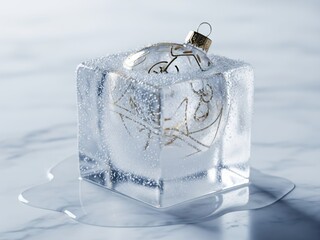 Elegant glass Christmas ornament in melting ice, golden shimmer, marble background, cool shadows.