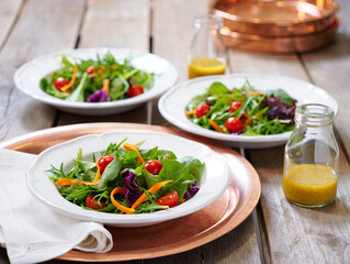 Fresh green salad with cherry tomatoes and carrots served on plates