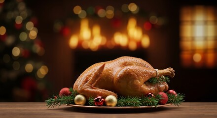 Traditional roasted turkey festive holiday dinner with a Christmas tree and fireplace background