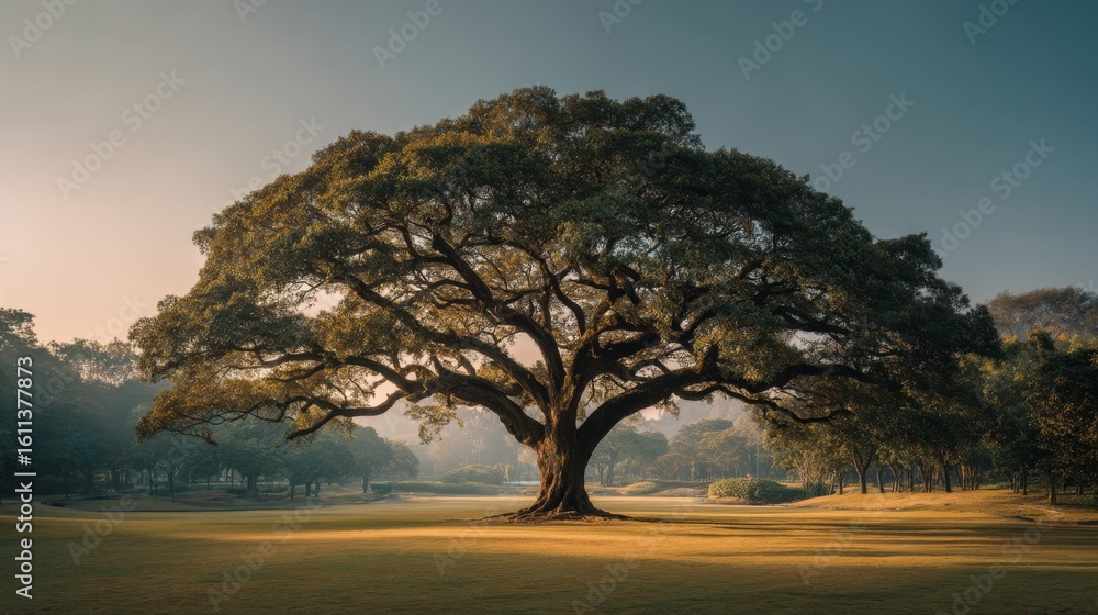 Poster a large, sprawling tree stands alone in a sunlit open field during a calm, clear day with soft shado