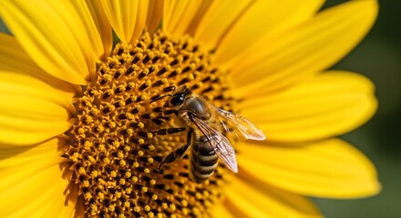 Honeybee Gathering Pollen on a Vibrant Yellow Sunflower in Natural Sunlight