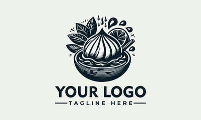 Steaming dim sum logo design with leaves, vintage style.