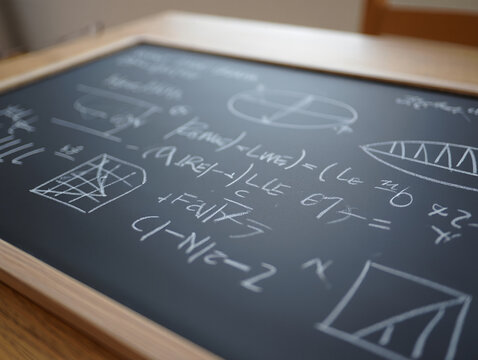 Chalkboard filled with mathematical formulas, diagrams, and geometric shapes