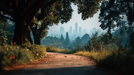 A serene park pathway framed by large trees leads to a distant city skyline under a hazy blue sky.