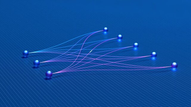 Neural Network Artificial Intelligence concept: Two layers of input and output connected by colorful bezier splines. Signal running between the flickering endpoints. Seamlessly loopable video.