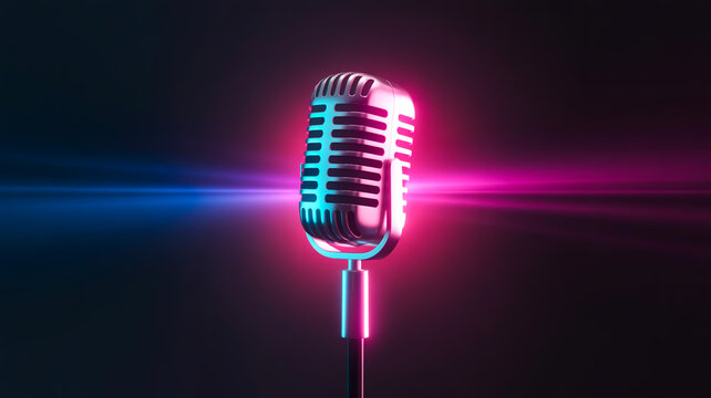 A photorealistic image of a vintage-style microphone against a dark background with dramatic pink and blue lighting effects. - Powered by Adobe