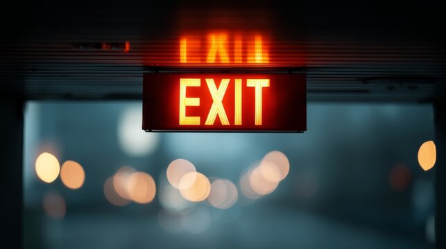 Illuminated red exit sign glowing against a blurred background with circular bokeh lights.