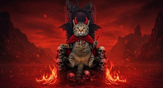 Tabby cat with devil horns, red cape, pitchfork, sits on skull throne, fiery hellscape below