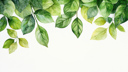 Watercolor painting of light green leaves on white background, creating fresh and natural atmosphere. leaves vary in shades, adding depth and texture to artwork