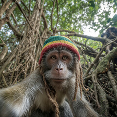 A monkey is in the middle of a dense jungle, surrounded by tall, intertwined tree roots in the background. The monkey is wearing a colorful Reggae-style beanie. Selfie style.