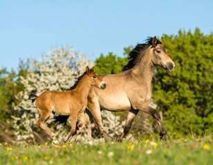 Obraz premium A mother horse and foal running in a field