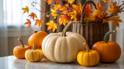 A still life photograph of autumn harvest decorations featuring white and orange pumpkins arranged on a white marble surface .