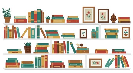 A well-organized bookshelf displays numerous books, potted plants, and framed artwork, creating a cozy and studious atmosphere.