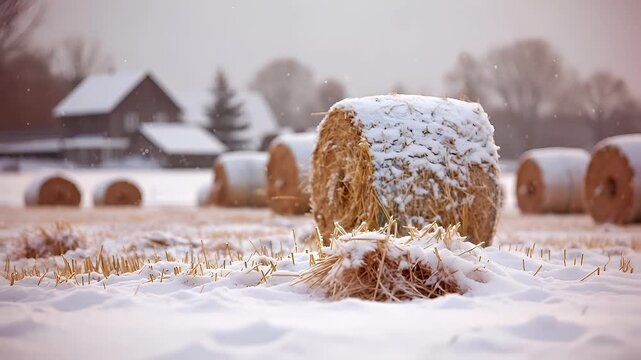 snowy rural scene with hay bales and barns in the background.