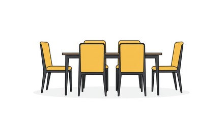 Illustration of a dining table with six chairs, featuring a modern design with yellow upholstery.